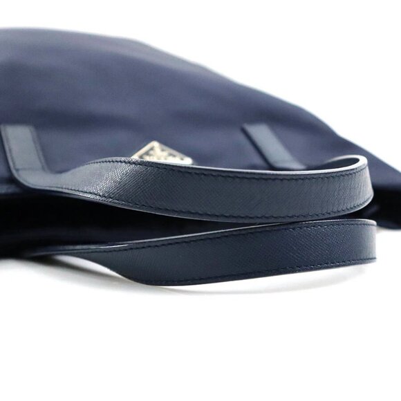 Auth PRADA Logo Handbag Shoulder Bag Navy Nylon/Leather/Silvertone - Picture 8 of 14